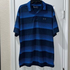 Men’s Under Armour Polo Shirt Blue Gray Striped Loose Heat Gear Size XL